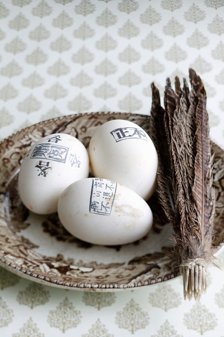 Eggs stamped with lettering next to bundle of feathers on plate