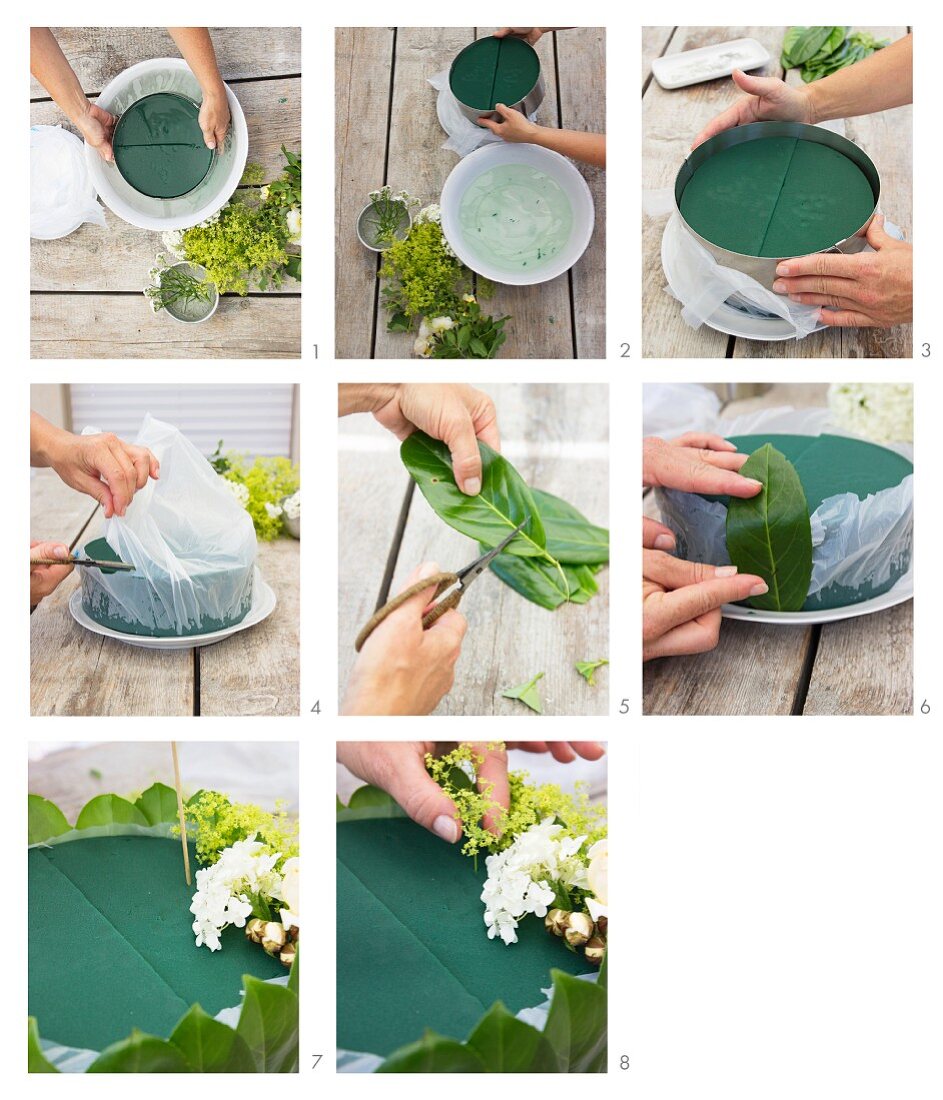 Instructions for making an autumnal flower arrangement in cake tin