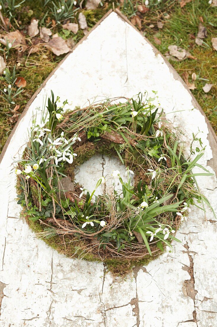 Wreath of snowdrops, spring snowflake, moss and ivy