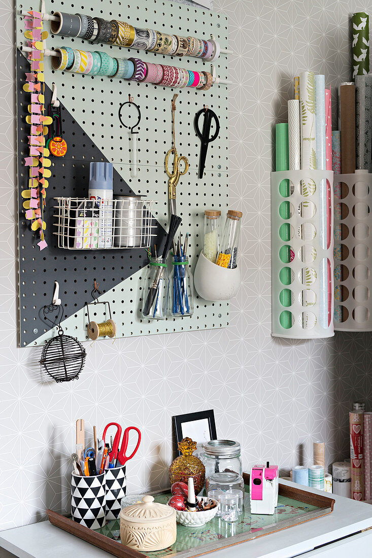DIY organiser made from painted perforated board