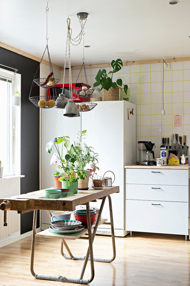 Plants on old workbench in eclectic kitchen