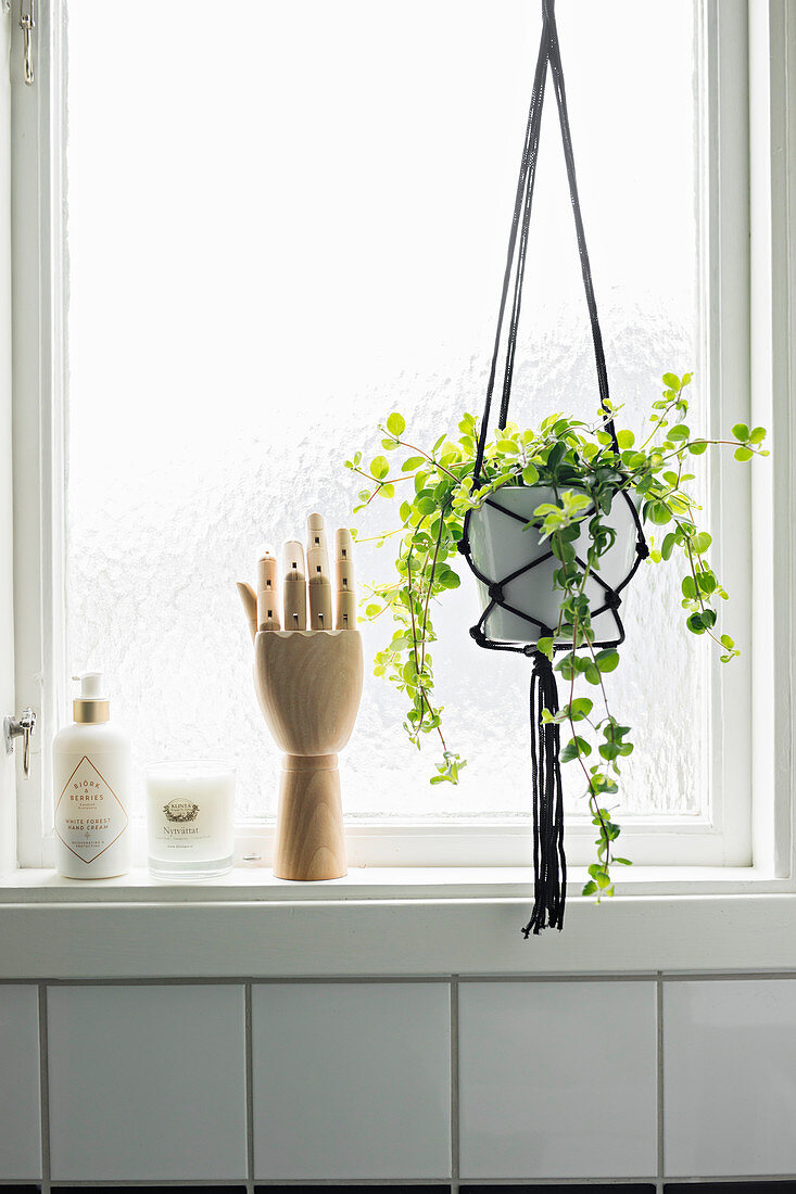 Wooden model of hand next to macrame plant holder in front of window
