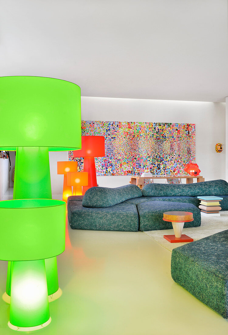 Large colourful standard lamps in artistic living room