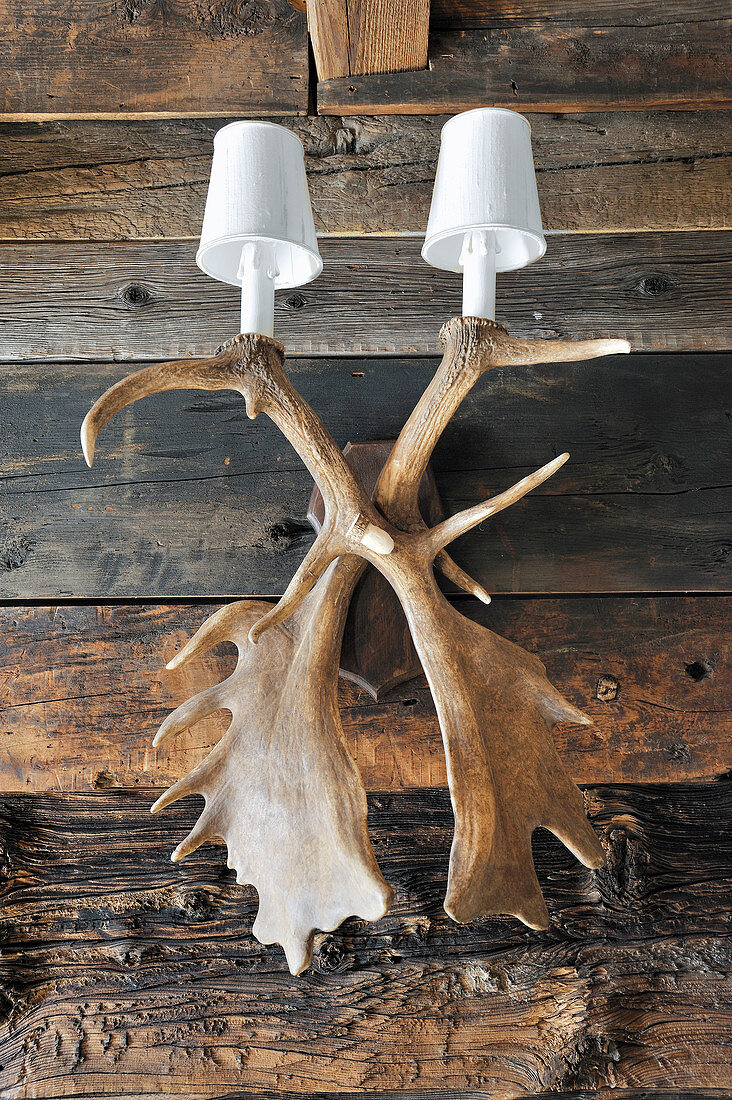 Sconce lamp made from antlers on rustic wooden wall