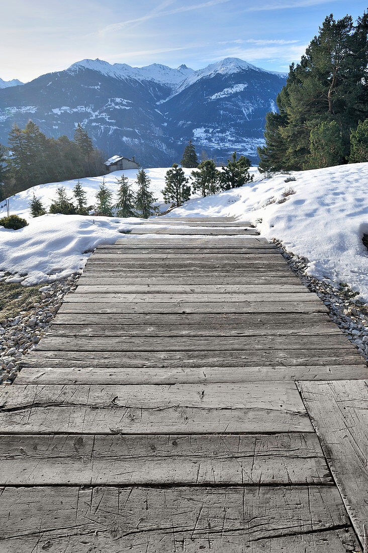 Path made from old wooden planks leading across snowy slope with mountain view