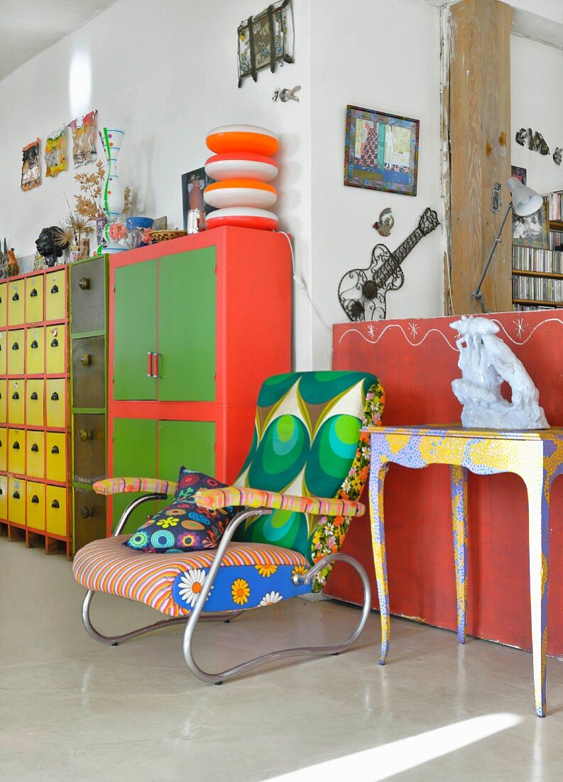 Brightly painted, upholstered and covered furniture