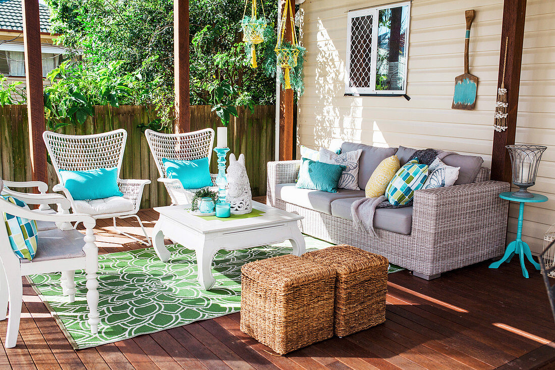 Seating with cushions and coffee table on a cozy terrace