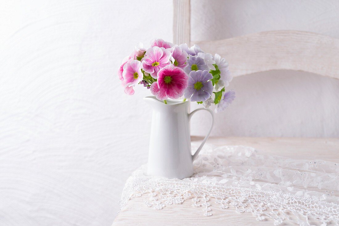 Primulas in jug on lace doily on chair