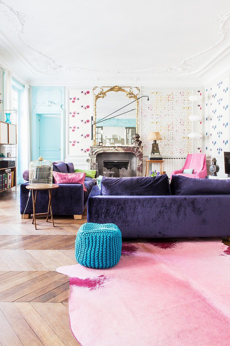 Colourful living room in French period building