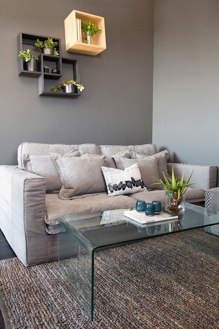 Hellgraue Couch mit Kissen und Couchtisch aus Glas, Regale mit Grünpflanzen an der Wand