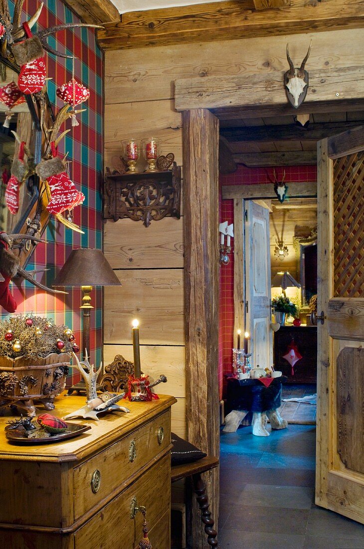 Candlelit, festive ambiance in rustic chalet