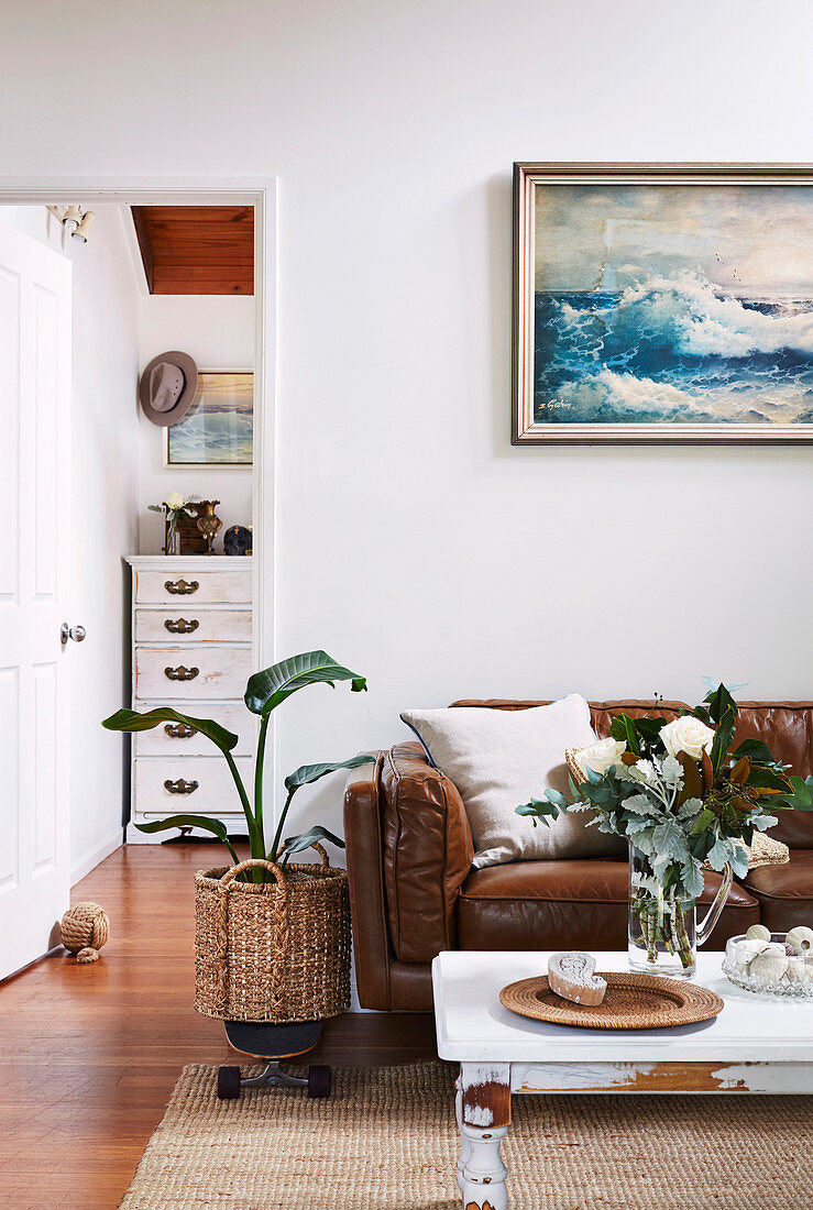 Leather sofa with pillows, vintage coffee table and houseplant on skateboard in living room