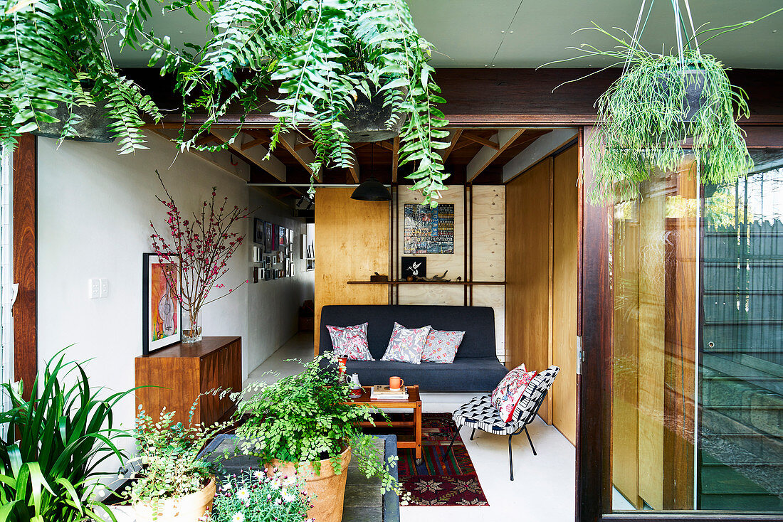 Blick durch Hängepflanzen von der Terrasse ins Wohnzimmer