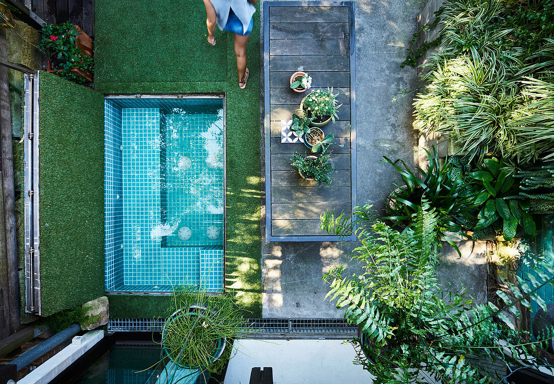 View from above into a small courtyard garden with a mini pool