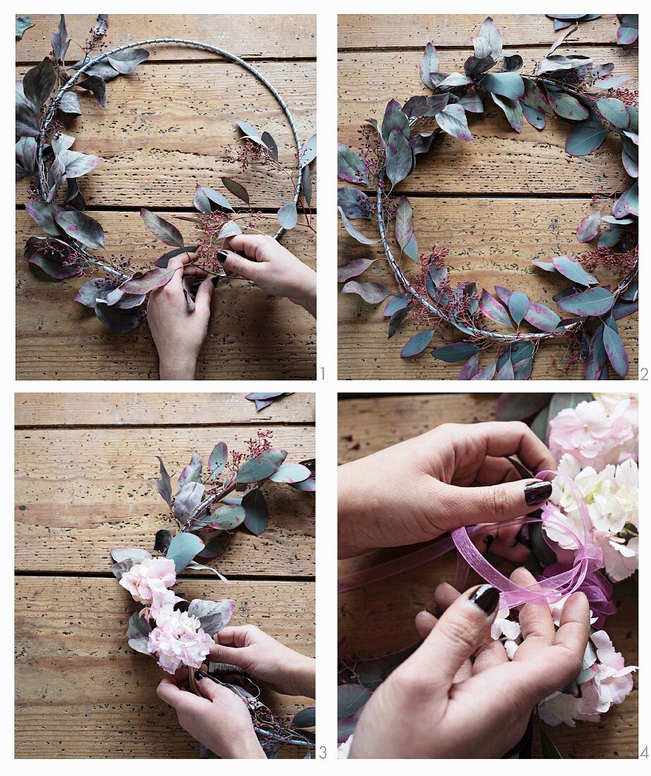 Instructions for making a wreath of poplar and hydrangeas