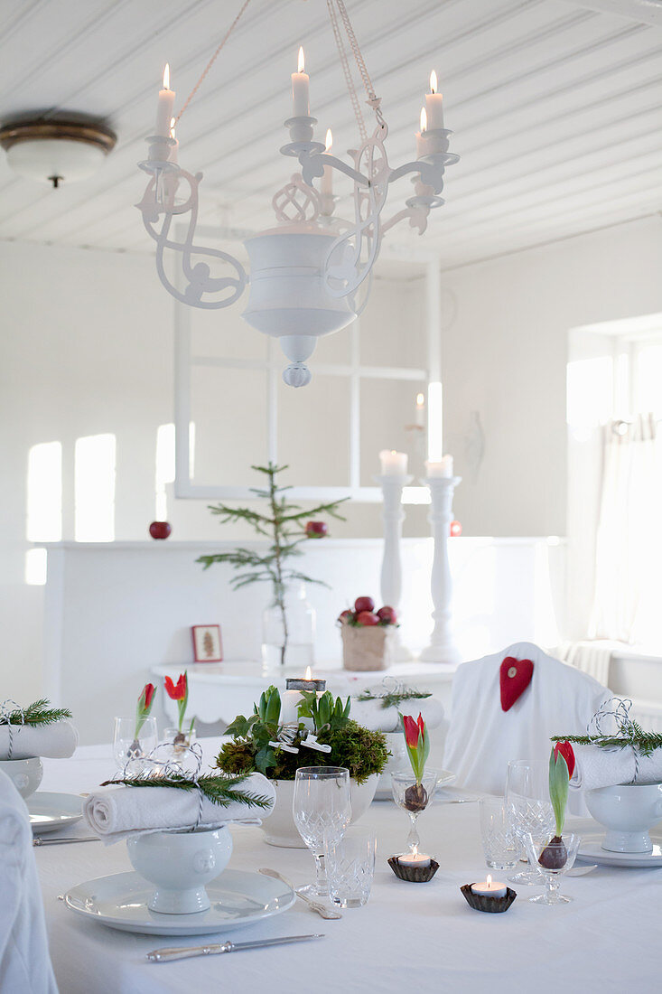 Table set for Christmas in rustic, white dining room
