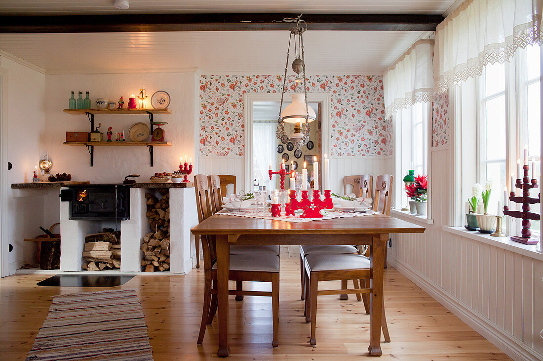 Scandinavian country-house dining room decorated for Christmas