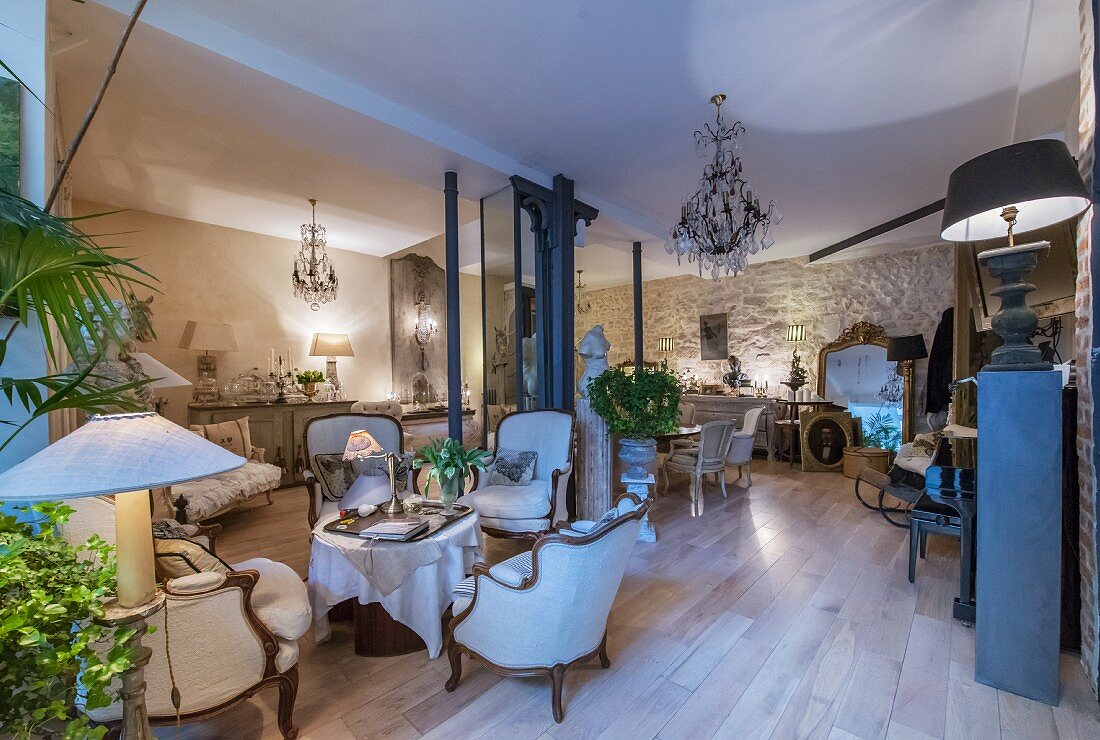 Antique furniture in open-plan interior with Belle Époque ambiance