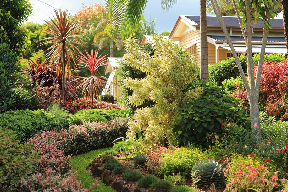 Üppiger und fabenfroher Garten mit exotischen Pflanzen