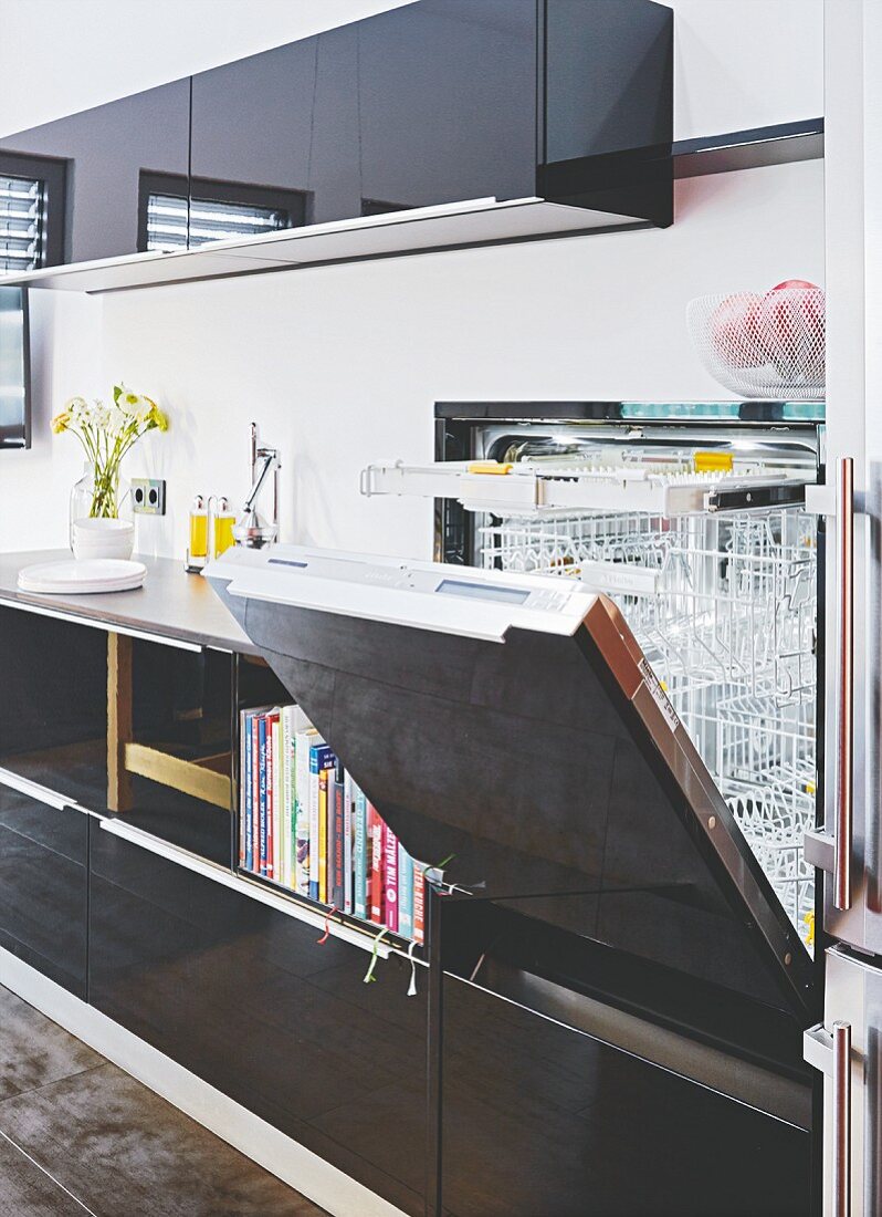 A built-in dishwasher in a kitchen