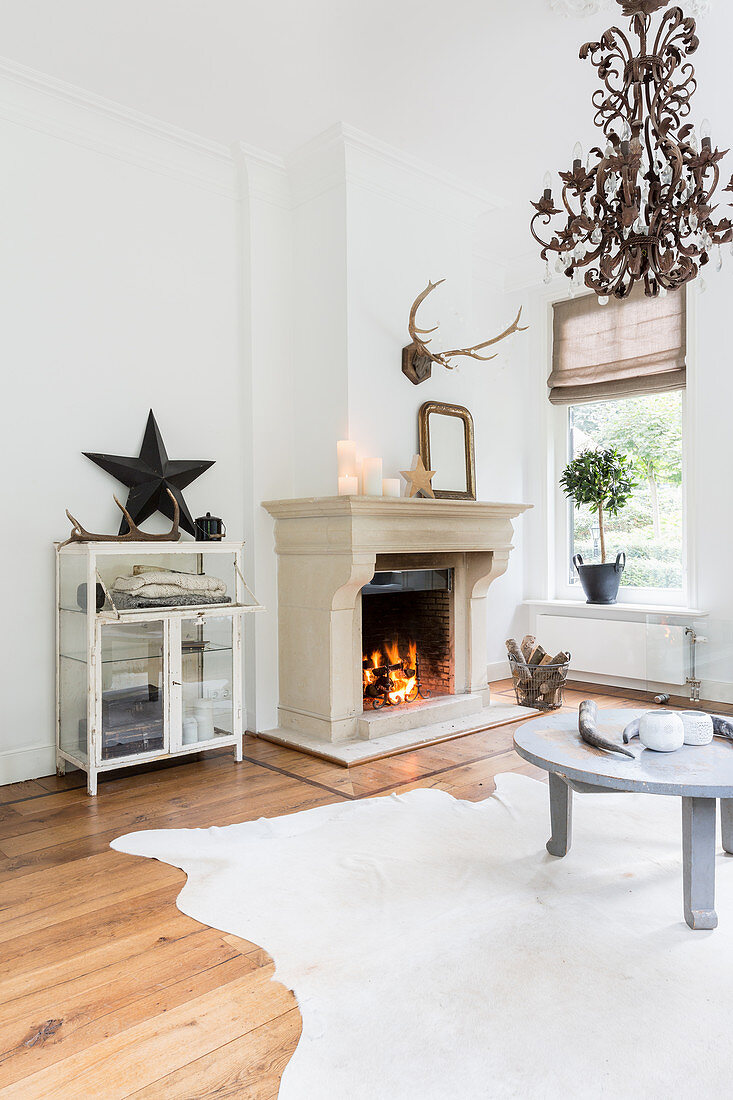 Lit fire and cowhide rug in living room