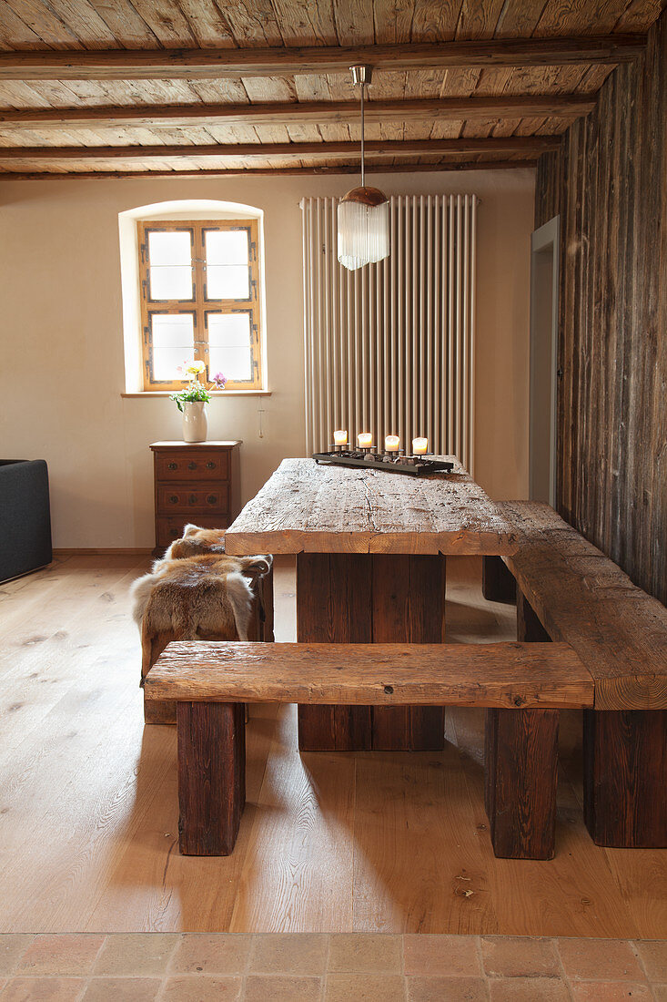 Rustic wooden furniture in dining room