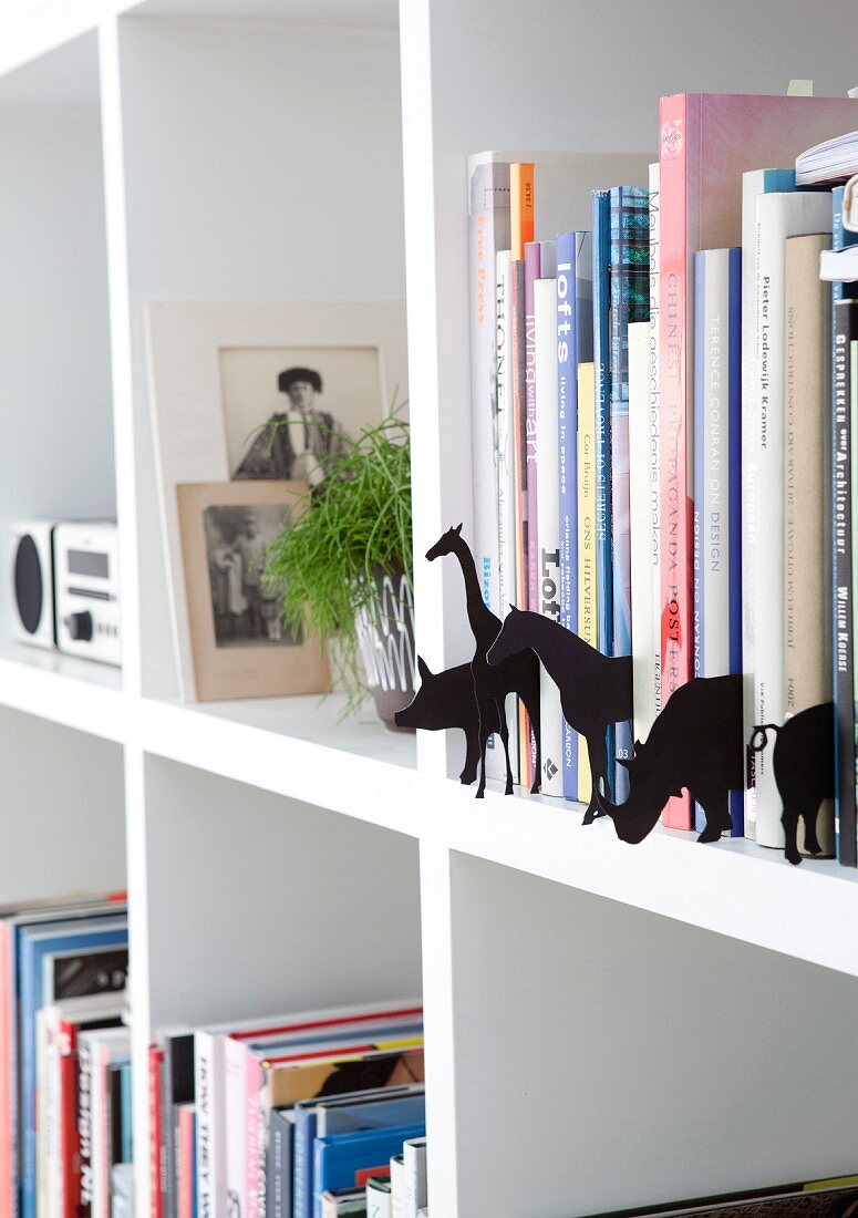 Verschiedene Tier-Silhouetten aus schwarzer Pappe zwischen Büchern in weißem Bücherregal