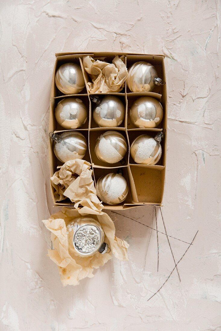 Vintage Christmas-tree baubles in old carboard box