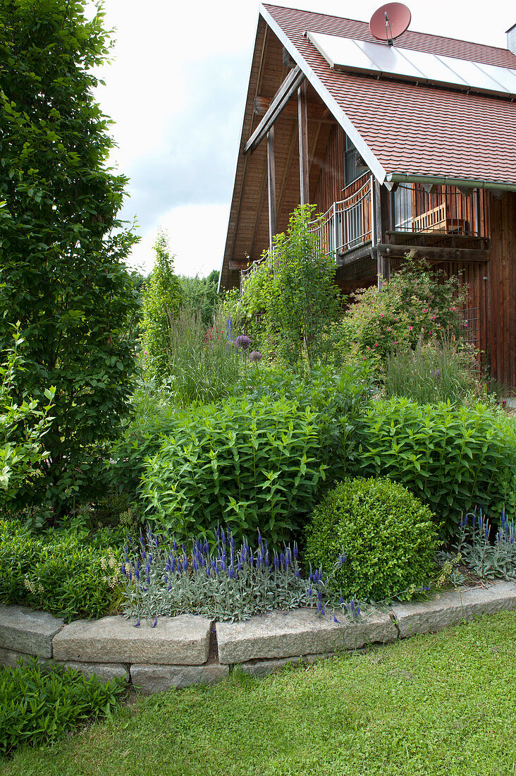 Flowerbed with perennials and woody plants, supported by granite wall