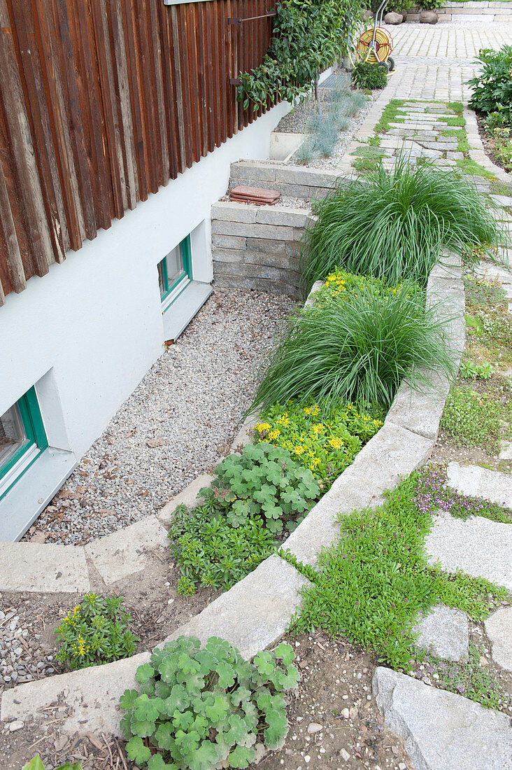 Small sunken garden with walls terraced replaced the light wells