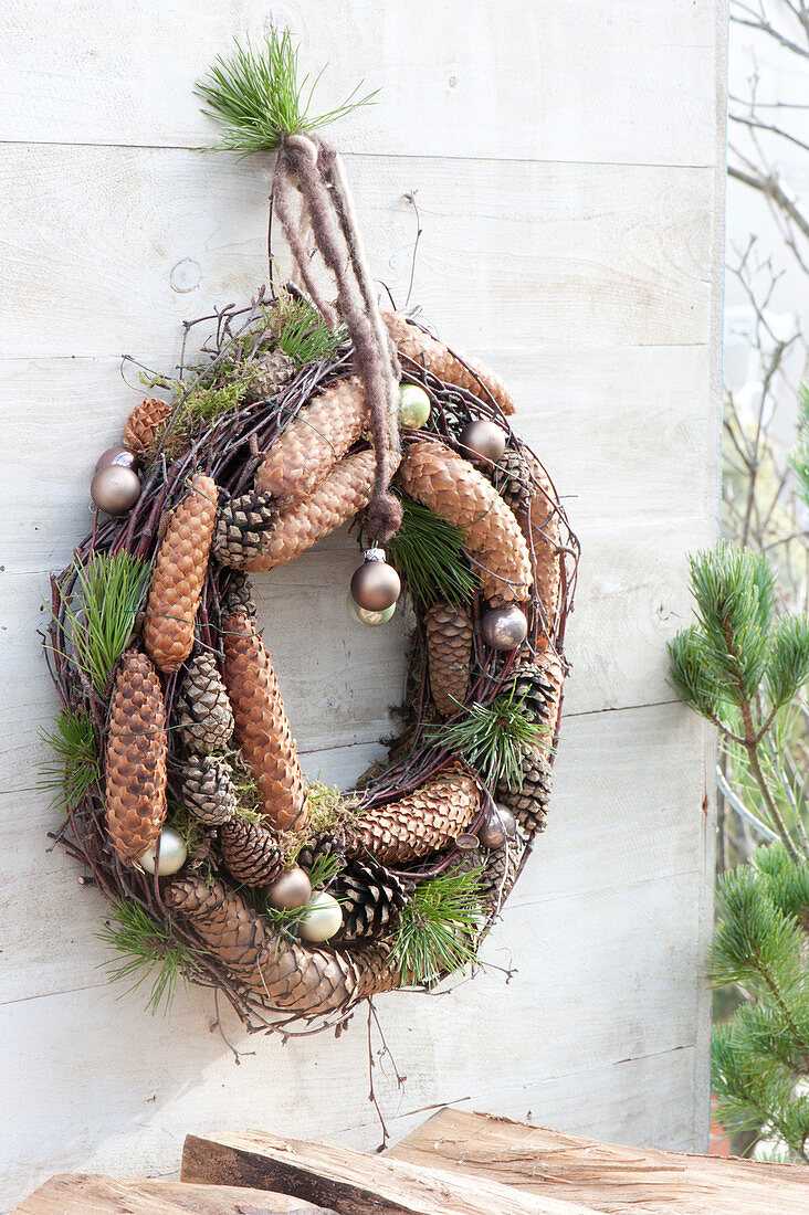 Twigs of betula and pinus with cones wreath