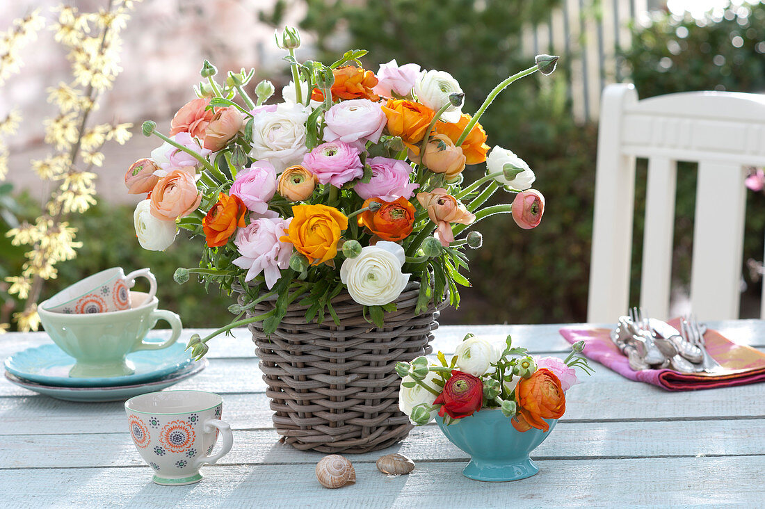 Lush bouquet made of ranunculus in basket vase,