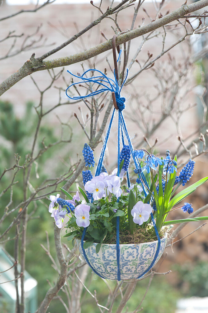 Cereal bowl with blue string turned into a flower basket and hung on a tree