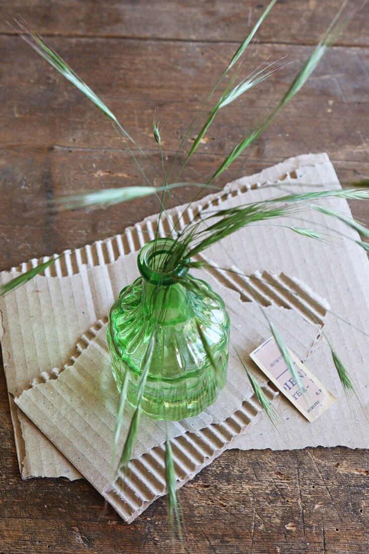 Grasses in green vase on torn corrugated cardboard