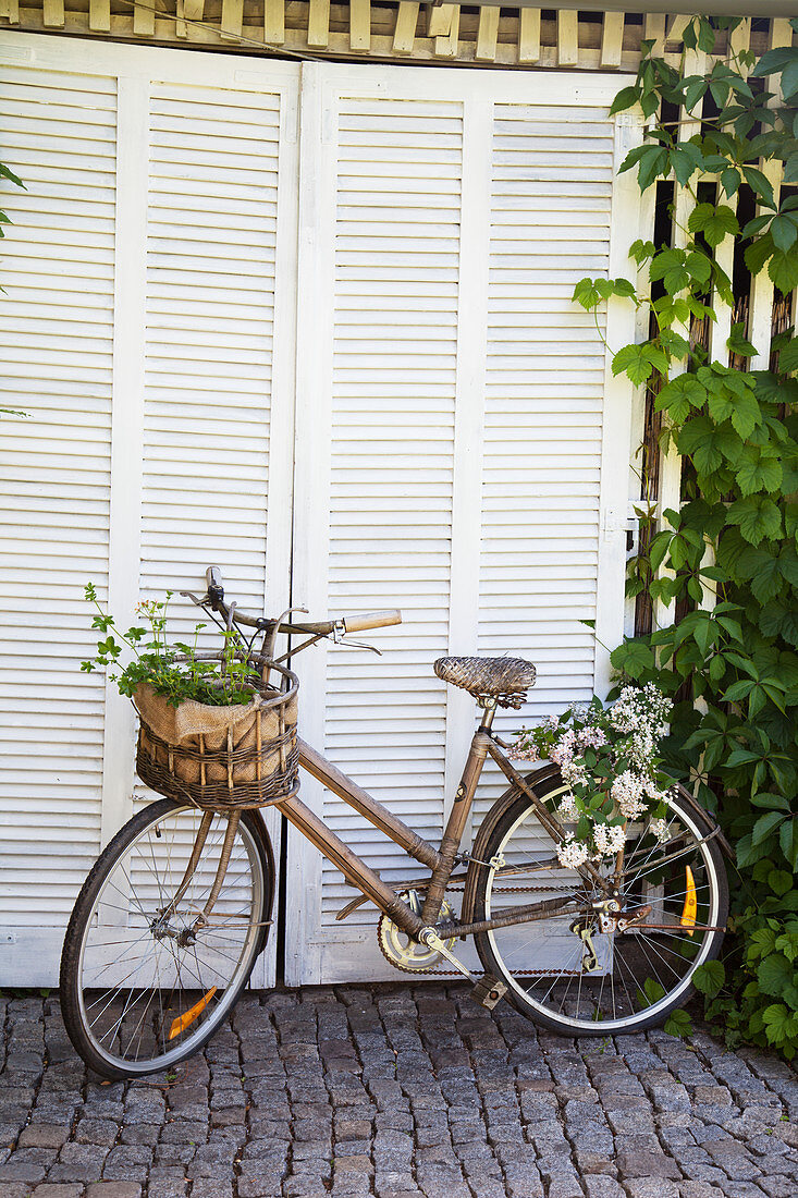 Altes Fahrrad mit Blumen im Fahrradkorb vor einem Schopf