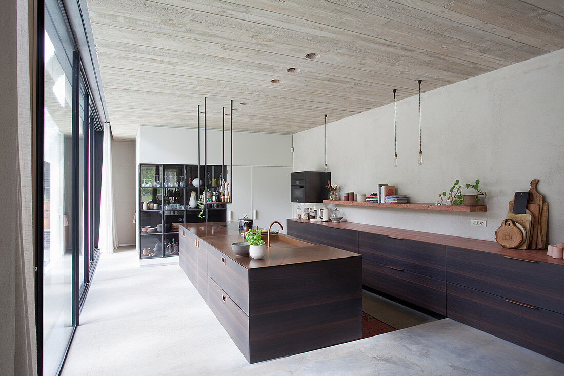 Modern kitchen with dark wooden cabinets in architect-designed house