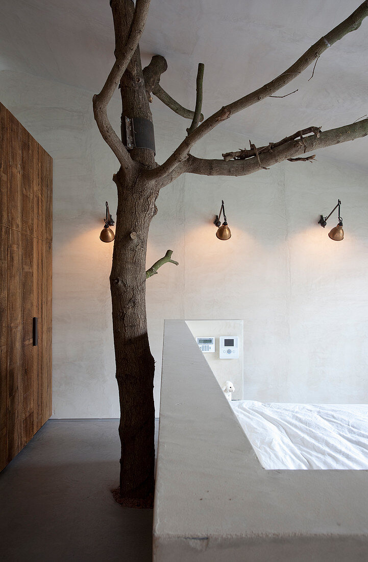 Tree trunk with branches behind bed in bedroom with partition wall