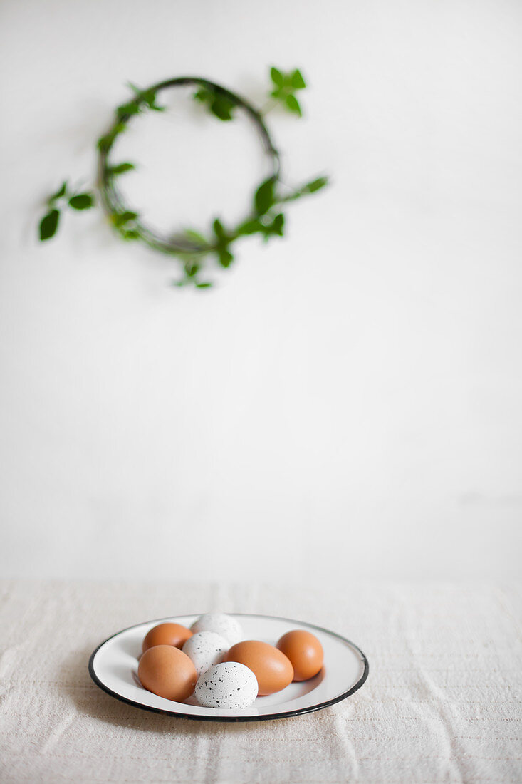 Braune und weiße, gesprenkelte Eier auf Emailleteller, im Hintergrund Kranz mit grünem Blätterzweig