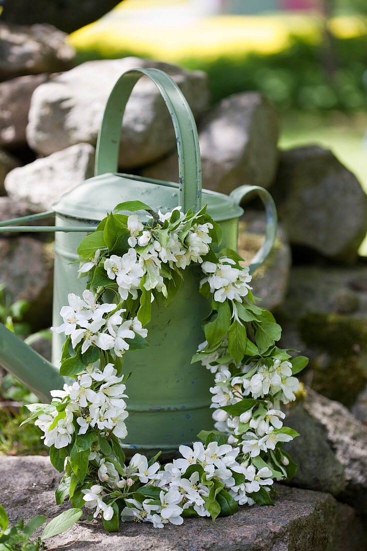 Wreath of fruit blossom on green metal watering can