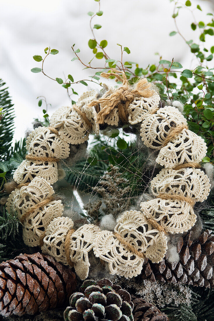 DIY wreath made from old crocheted doilies