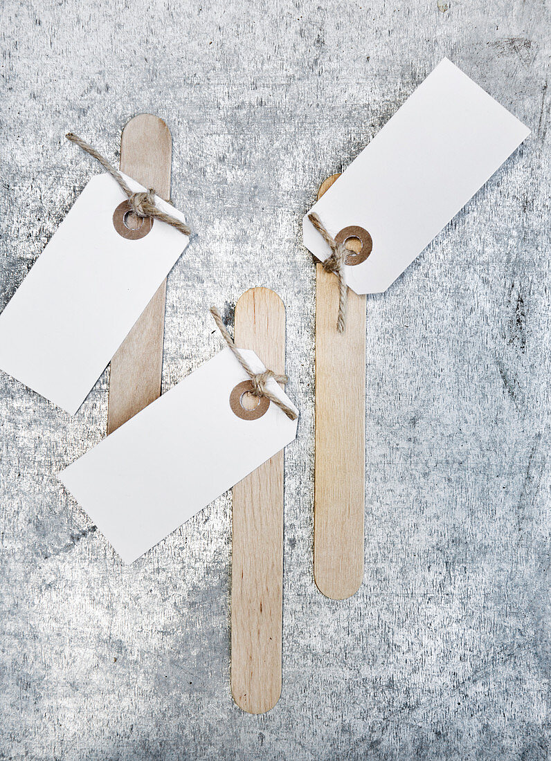 Paper tags on wooden craft sticks