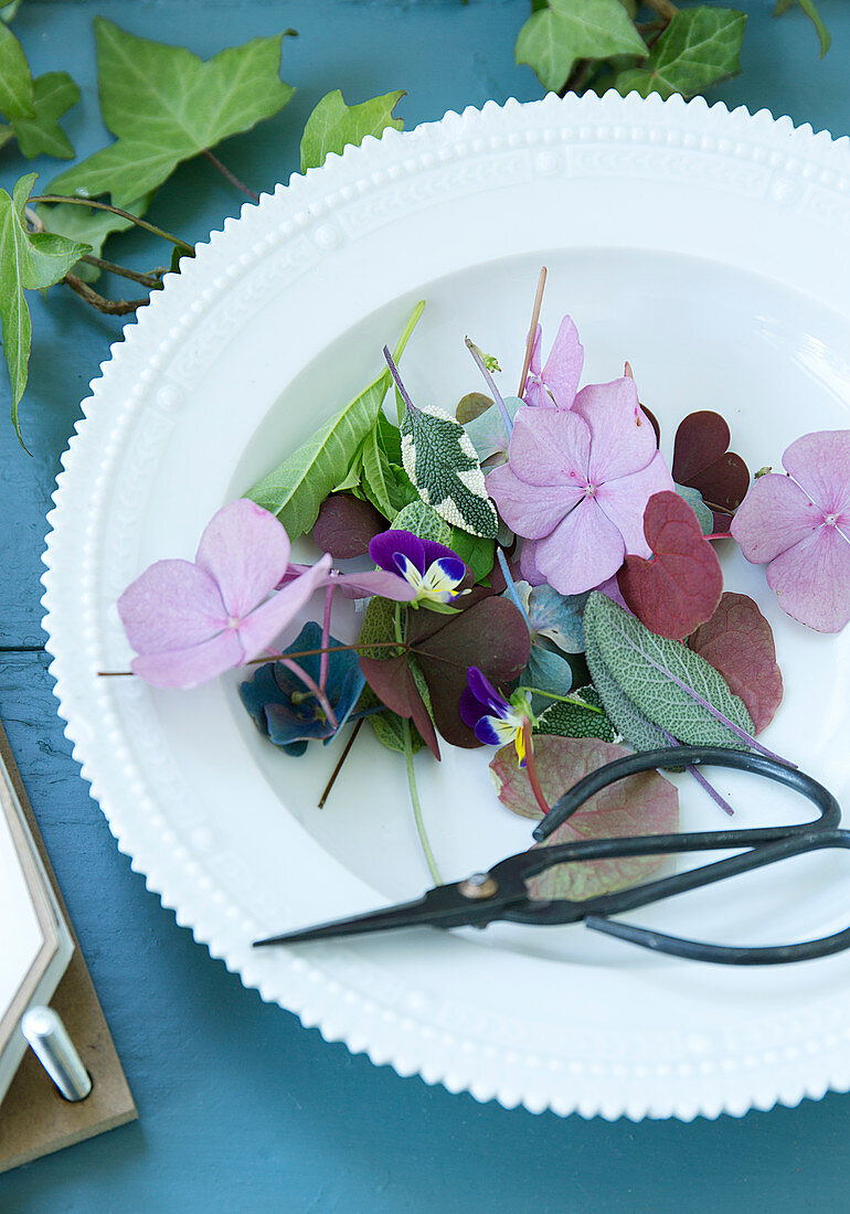 Hydrangea blossoms, pansies, sage, and watercress in the plate