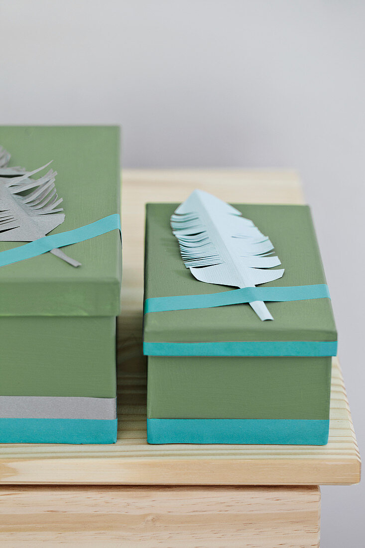 Paper feathers stuck to painted boxes with washi tape