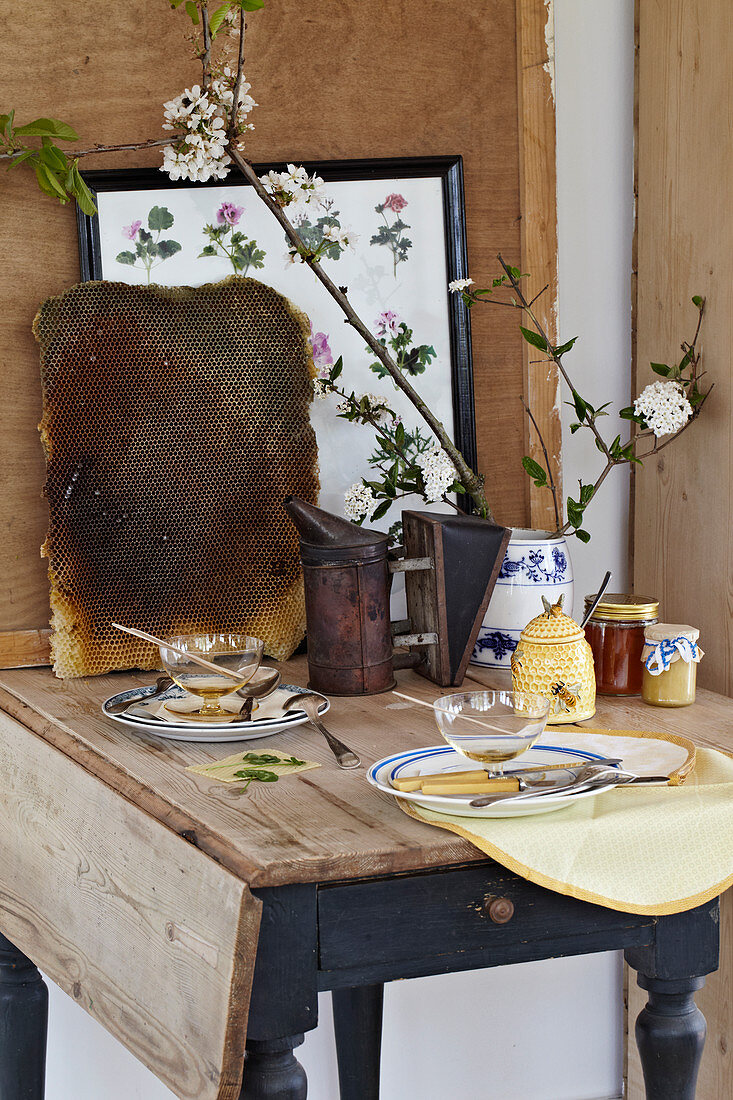 Nostalgisch gedeckter Tisch mit Honig, Bienenwaben und Zweigen