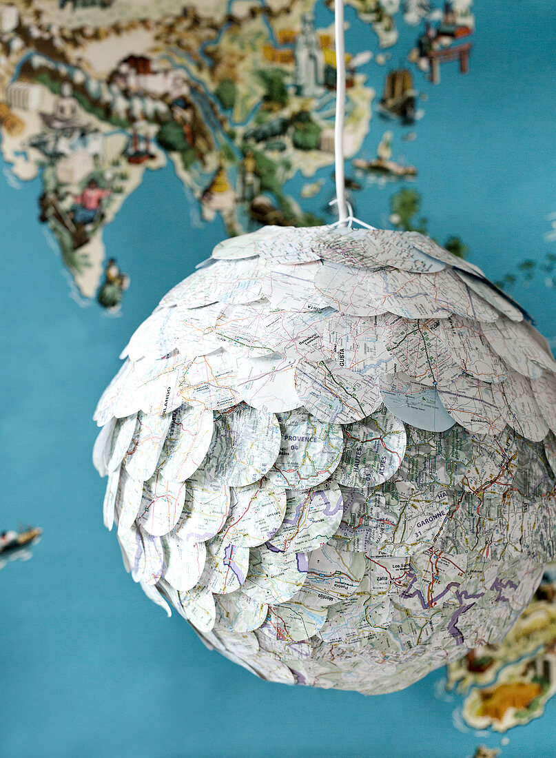 Homemade globe lamp with circles from maps