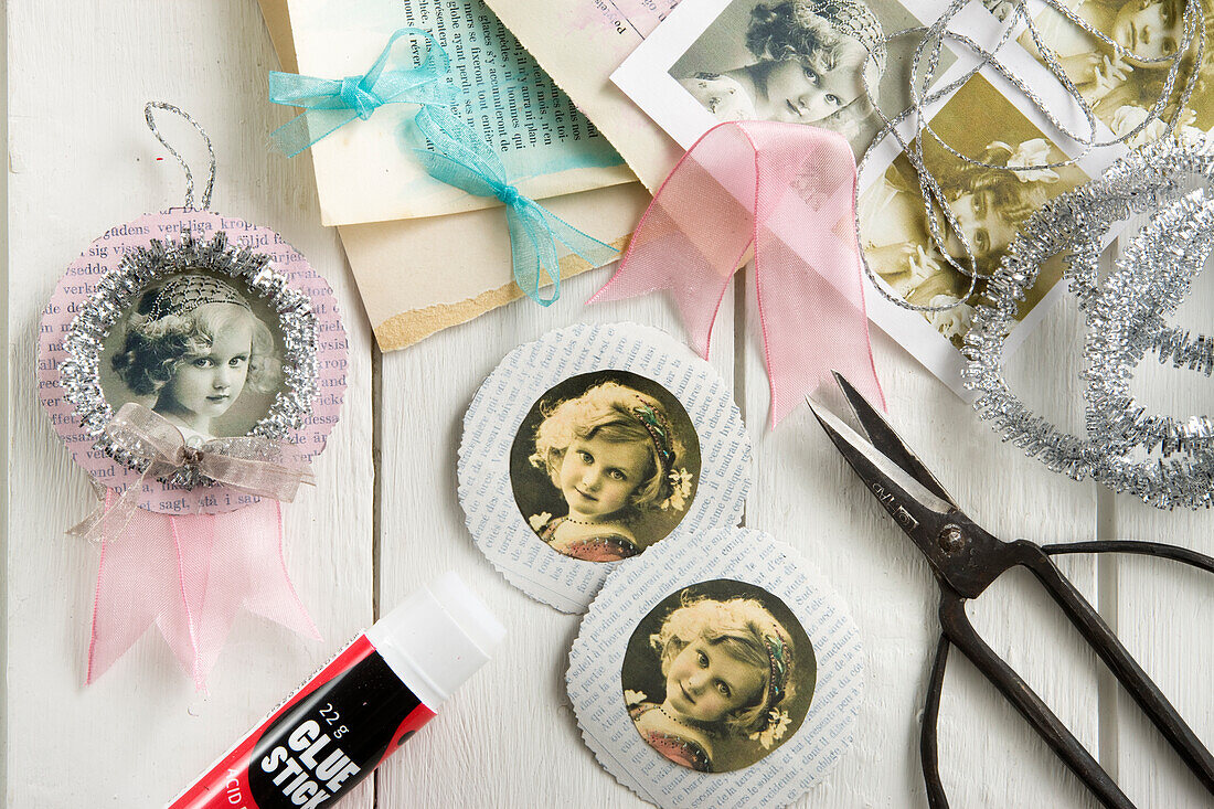 Homemade tags decorated with nostalgic photographs