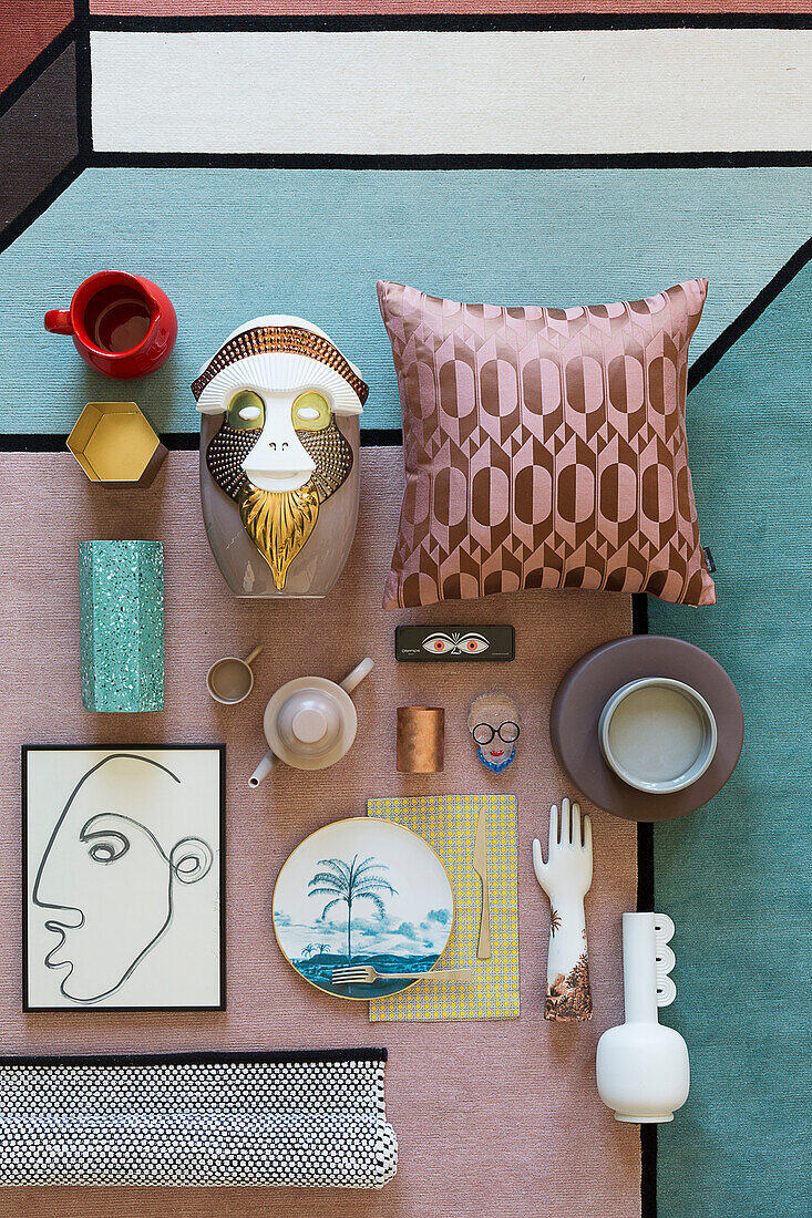 Mood board in pastel shades made from home accessories on rug