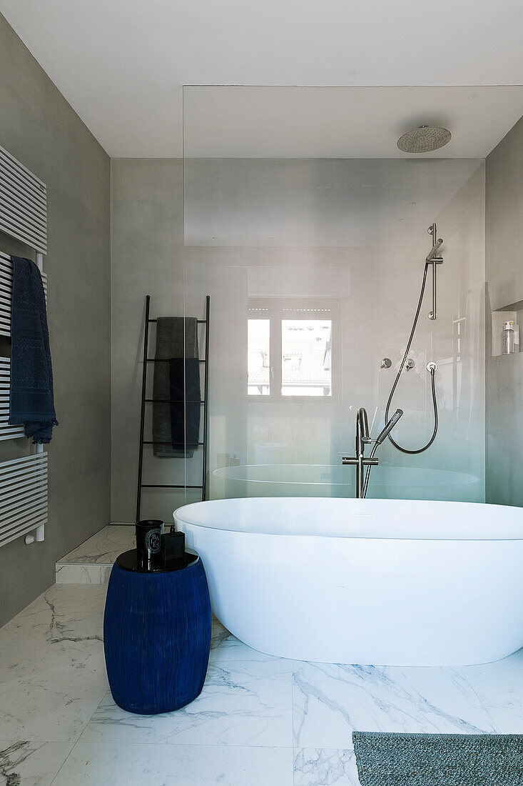 Oval, free-standing bathtub against glass shower screen