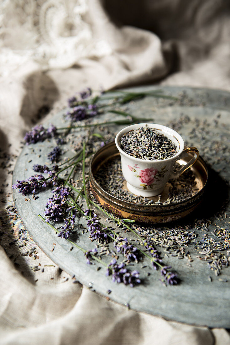 Vintage teacup full of dried lavender