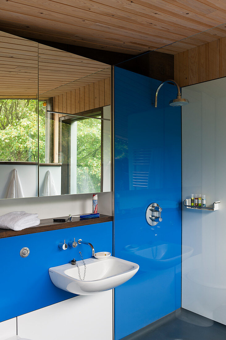 Badezimmer mit blau-weißen Glaswänden